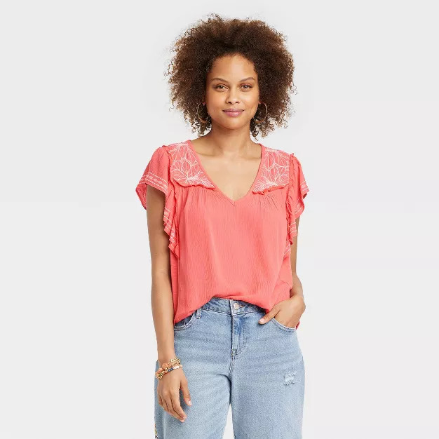 Women's Flutter Short Sleeve Embroidered Top - Knox Rose™ | Target