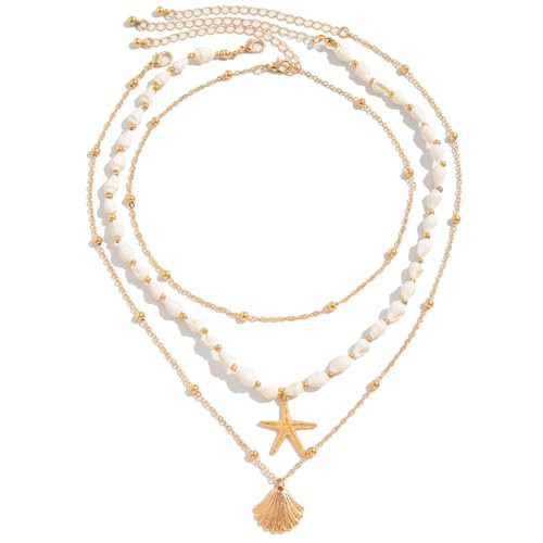 nylry Seashell Necklace for Women Gold Layered Sea Shell Necklace Boho Summer Beach Necklaces for Women Adjustable Pearl Conch Starfish Necklaces Vacation Coastal Beachy Jewelry Outfits Accessories-3 | Amazon (US)