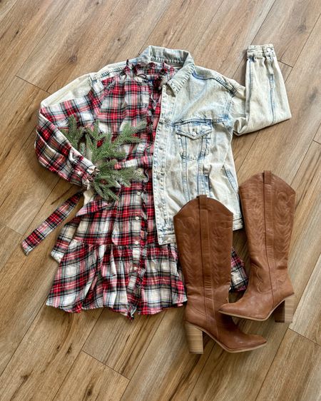 Christmas outfits. Plaid dress. Cowboy boots. Christmas outfits as the Eras. Debut Era. 

Jacket is old, but linking the exact brand’s newer version. Looks pretty similar, but in a “light wash” instead of an acid wash. 

#LTKSeasonal #LTKHoliday #LTKGiftGuide