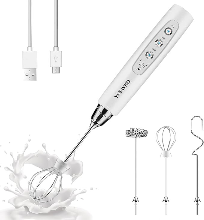 YUSWKO White Handheld Milk Frother Wand for Coffee, Rechargeable Electric Whisk with 3 Heads 3 Sp... | Amazon (US)