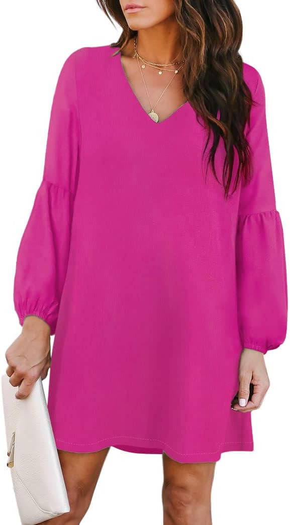 BELONGSCI Women's Dress Sweet & Cute V-Neck Sexy Long Sleeve Shift Dress Mini Dress | Amazon (US)