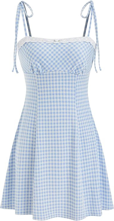 CIDER Womens Summer Gingham Dress Plaid Tie Spaghetti Strap Sleeveless Lace Trim Cute A Line Casu... | Amazon (US)