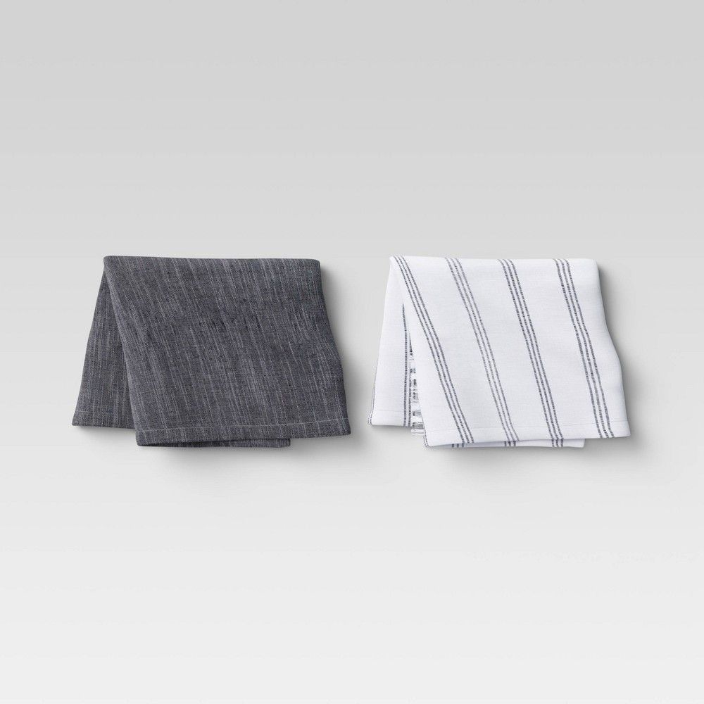 2pk Cotton Fringed Striped Chambray Woven Kitchen Towels Black - Threshold | Target
