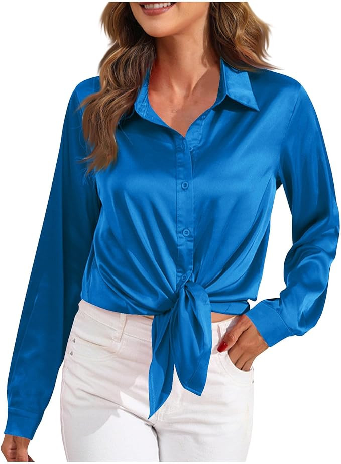 Women's Satin Silk Blouse Long Sleeve Collared Neck Button Shirts Work Business Cool Smooth Blous... | Amazon (US)