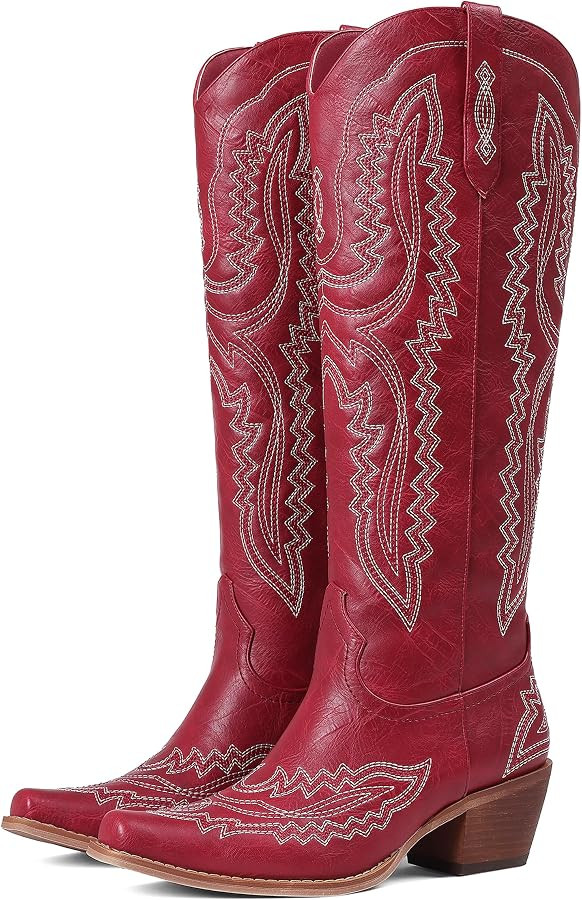 Cowboy Boots for Women Western Cowgirl Boots Classic Embroidered Chunky Heel Knee High Boot Squar... | Amazon (US)