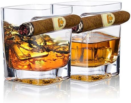 YouYah Cigar Whiskey Glasses with Cigar Holder-Set of 2,Cigar Accessories,Crystal Whisky Glass Se... | Amazon (US)