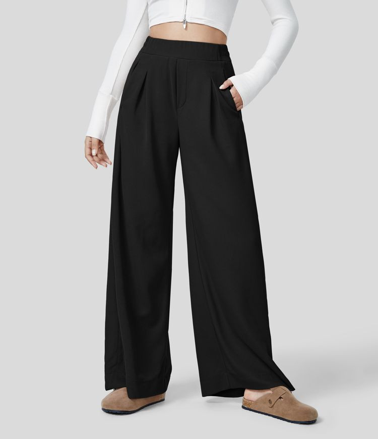 High Waisted Plicated Zipper Side Pocket Split Hem Wide Leg Waffle Casual Pants | HALARA