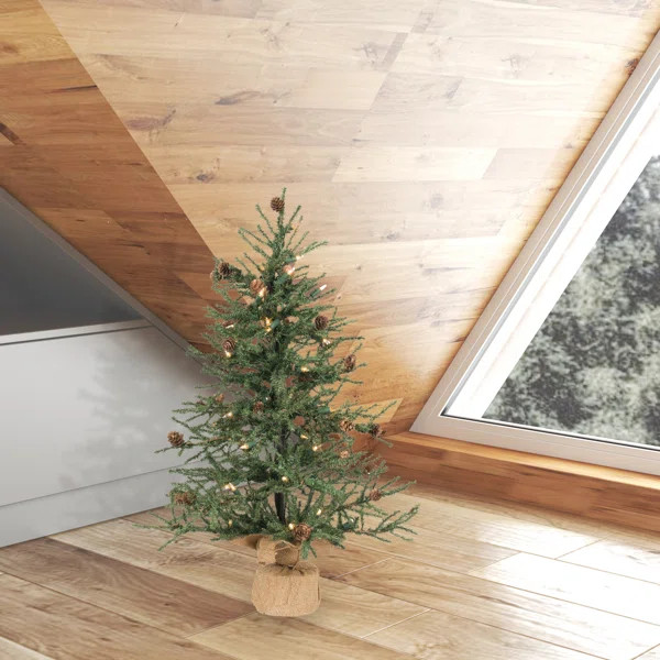 2.5' Green Pine Artificial Christmas Tree with 50 Clear/White Lights with Stand | Wayfair North America