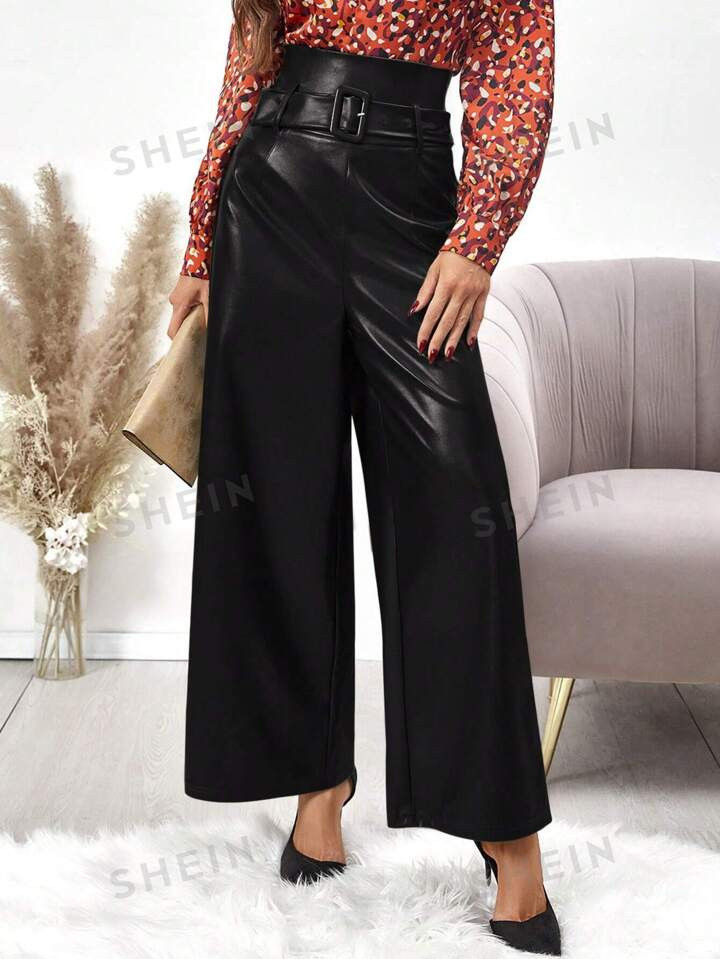 SHEIN Clasi High Waist Belted PU Leather Wide Leg Pants | SHEIN