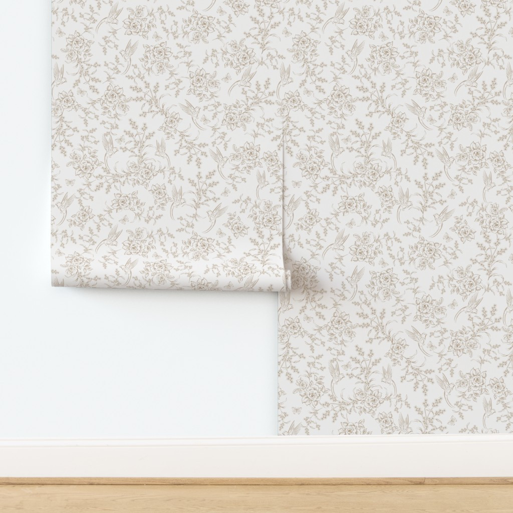 Wallpaper in BIRDS AND FLOWERS Beige Grandmillennial LARGE | Spoonflower