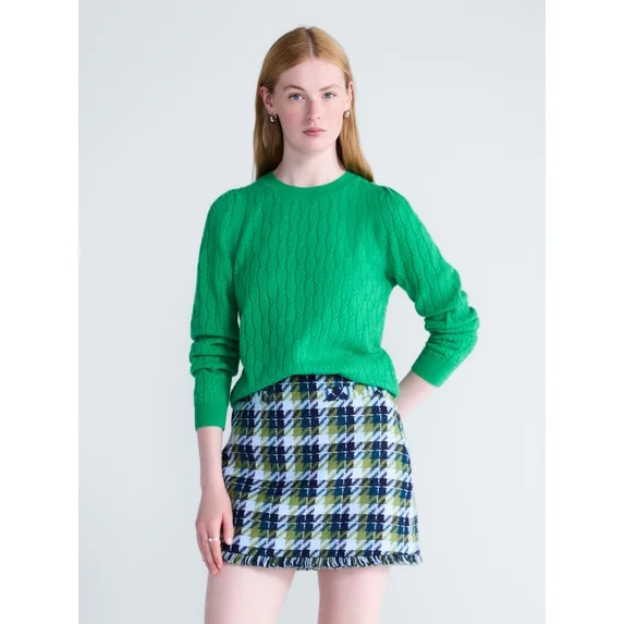 Free Assembly Women's Cashmere Cable Knit Sweater with Puff Sleeves, Midweight, Sizes XS-XXL | Walmart (US)