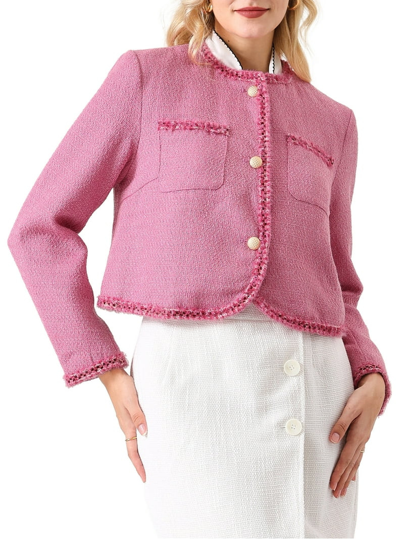 INSPIRE CHIC Women's Elegant Tweed Jacket Long Sleeve Panel Trim Work Office Blazer M Pink | Walmart (US)