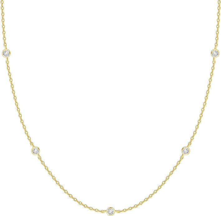 PAVOI 14K Gold Plated Station Necklace - Simulated Diamond Layering Necklaces - Womens CZ Chain | Amazon (US)