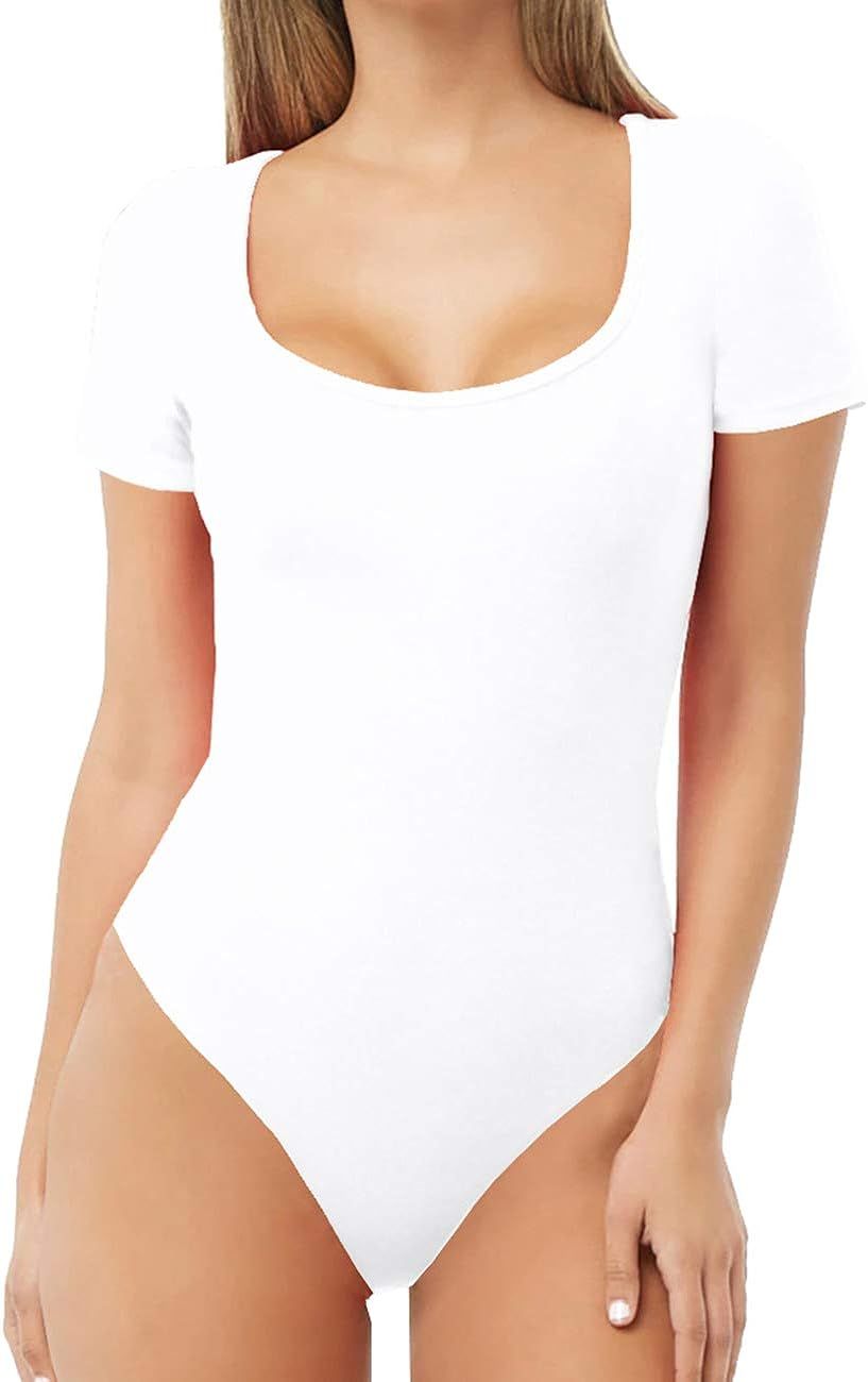 MANGDIUP Women's Scoop Neck T Shirts Basic Bodysuits Jumpsuits | Amazon (US)