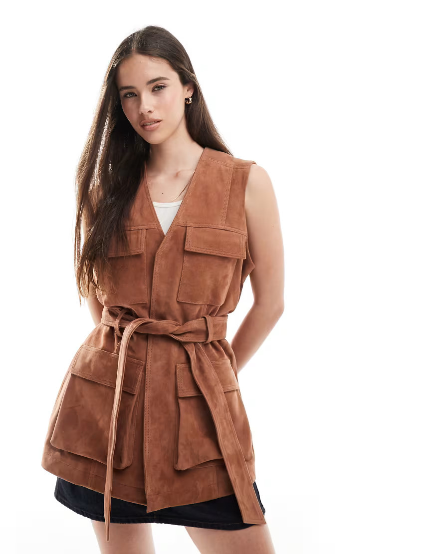 ASOS DESIGN premium suede trucker belted waistcoat in tan-Brown | ASOS (Global)