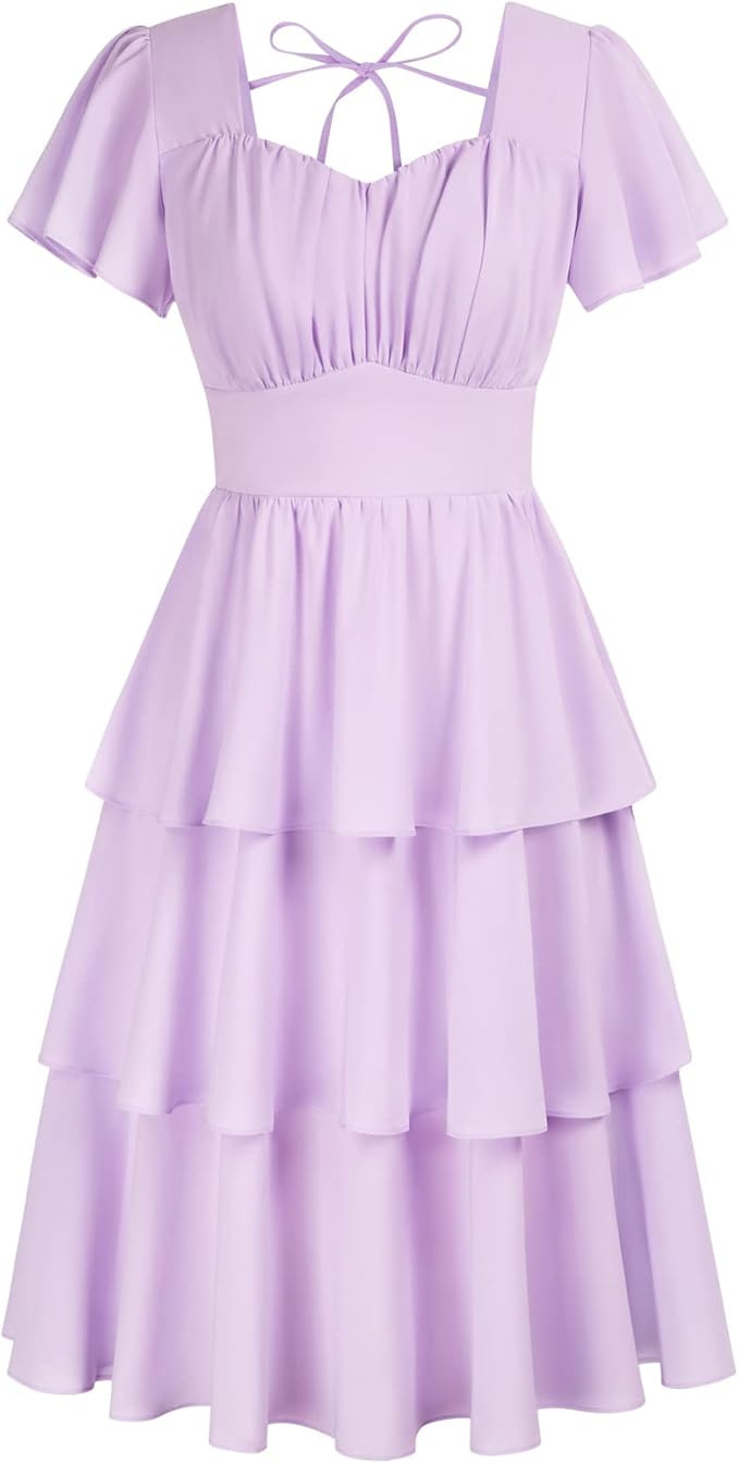 Belle Poque Women's Vintage Square Neck Dress 2026 Summer Short Sleeve Layered Tiered Ruffle A-li... | Amazon (US)
