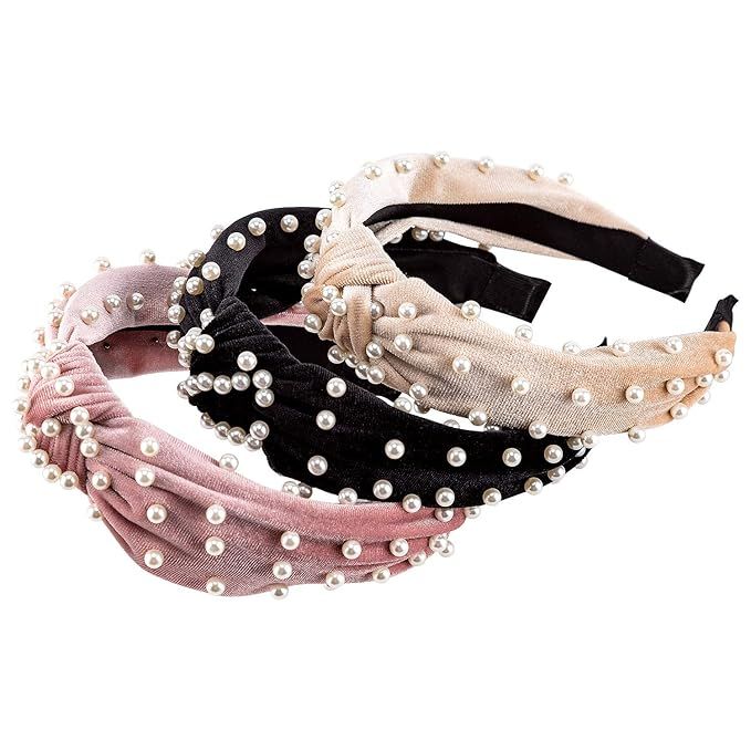 AIEX 3 Pcs Pearl Headbands Velvet Headband Wide Hairbands Top Knotted Headbands with Elastic Hai... | Amazon (US)