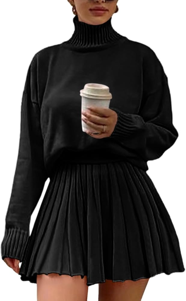 Women's 2 Piece Outfits Turtleneck Long Sleeve Oversized Pullover Sweaters and Pleated Mini Skirt... | Amazon (US)