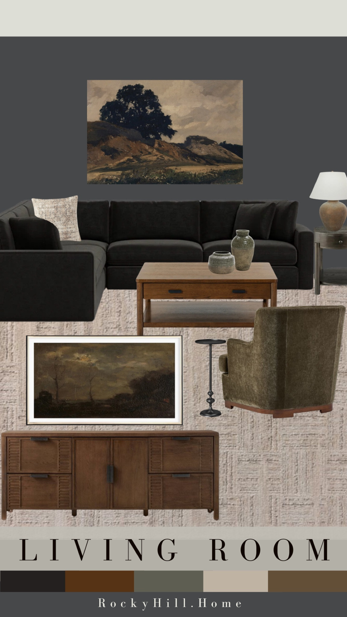 Moody Transitional Living Room Mood Board, family room design, sectional sofa, neutral contemporary rug, studio mcgee target media console, tv stand, square coffee table, extra large wall art, green velvet chair, frame tv art

#LTKHome #LTKSaleAlert #LTKStyleTip