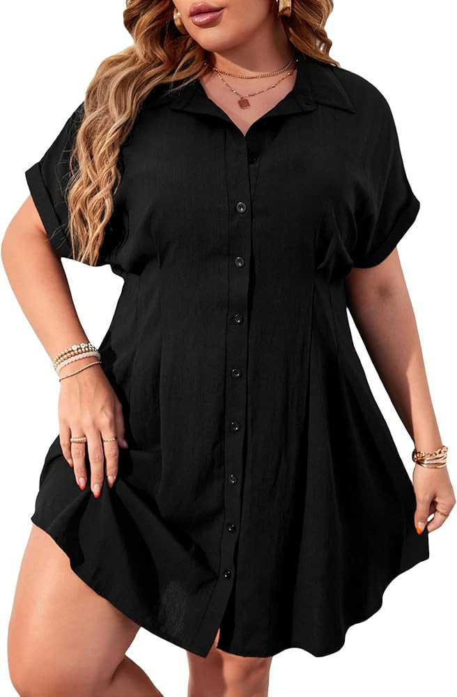 WDIRARA Women's Plus Size Button Down Roll Up Short Sleeve High Waisted Short Shirt Dress | Amazon (US)