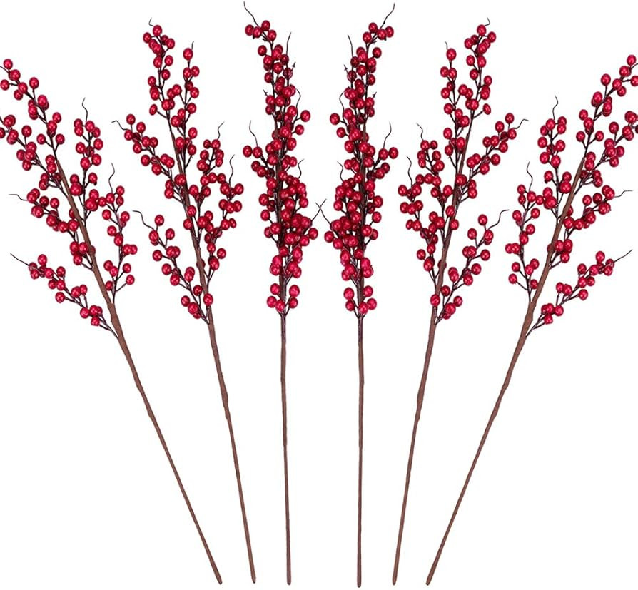 GREENTIME 6 Pack Red Artificial Long Berry Stems Fake 25.2" Christmas Picks Faux Holly Berries Br... | Amazon (US)