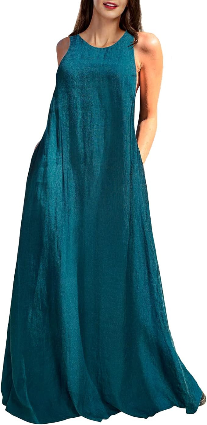 Rainday Women's Linen Dress Sleeveness Loose Dresses Casual Maxi Dress with Pockets | Amazon (US)