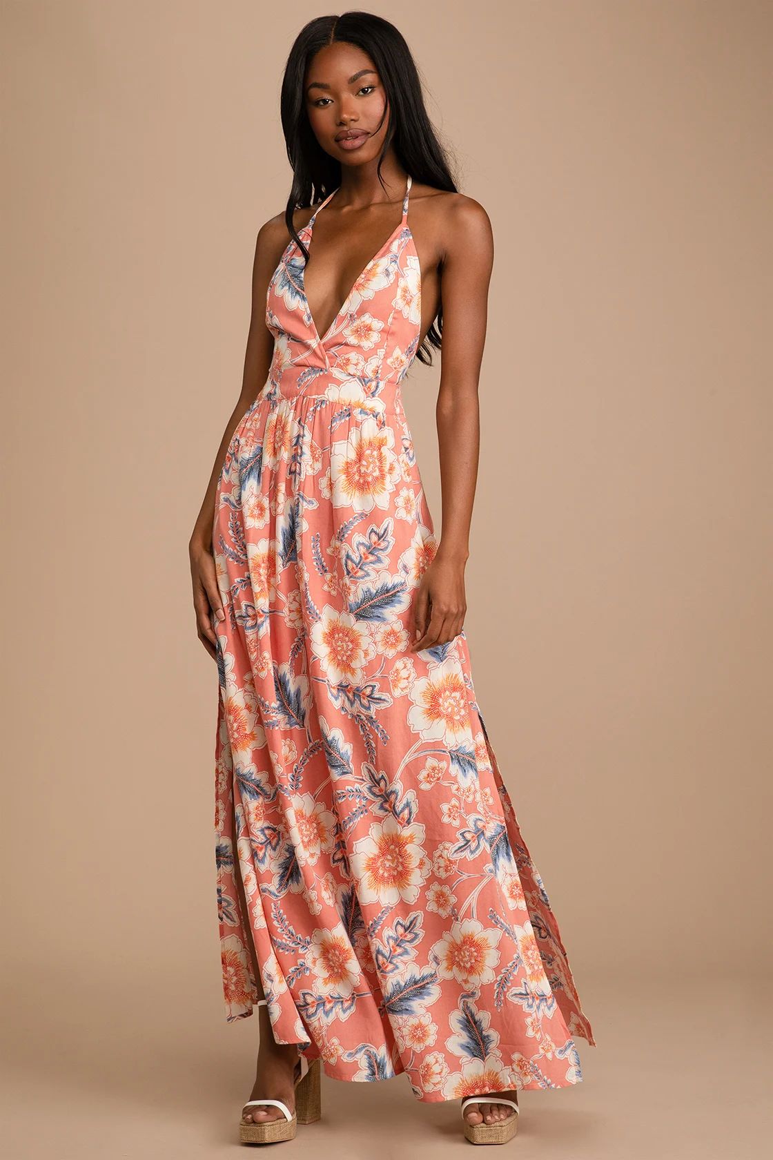 Annalisa Coral Multi Floral Print Halter Maxi Dress | Lulus (US)
