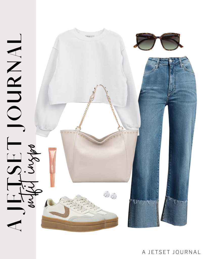 I found this cute white cropped sweatshirt that goes well with KUNMI wide-leg jeans. A large Montana West tote bag is perfect for this fit. You can finish the fit with these LUCKY STEP platform fashion sneakers. 

 #LTKSeasonal #LTKSaleAlert #LTKTravel