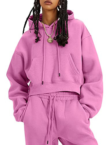 COZYPOIN Womens Fleece 2 Piece Outfits Sweatsuit Crop Top and Pants Hoodie Tracksuit Set(Rose-M) | Amazon (US)