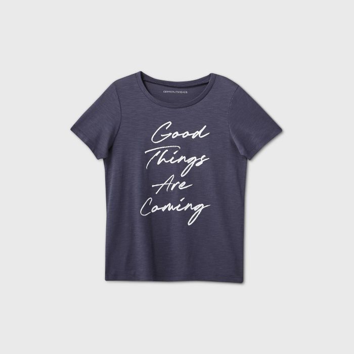 Women's Good Things Are Coming Short Sleeve Graphic T-Shirt - Navy | Target
