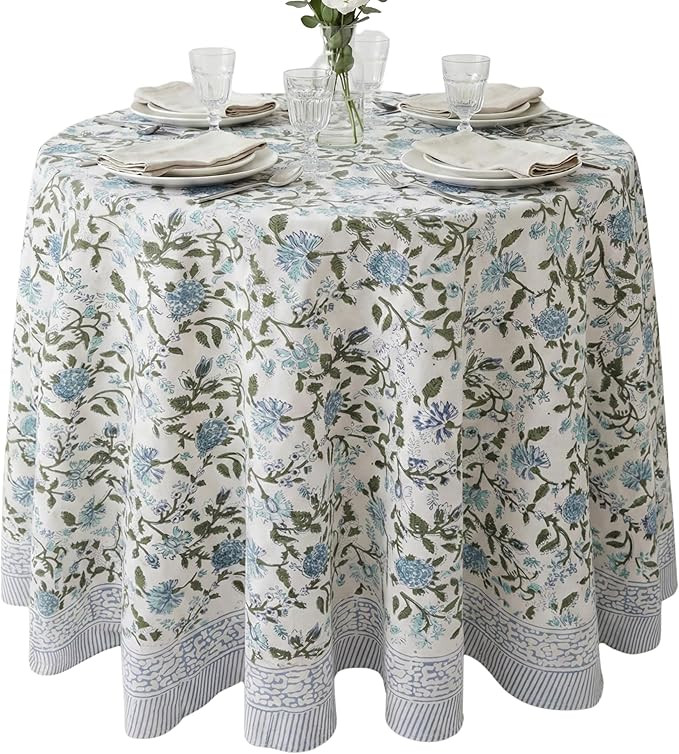 ATOSII Mahoka Blue 100% Cotton Round Tablecloth, Block Print Floral Table Cloth for Dining, Parti... | Amazon (US)