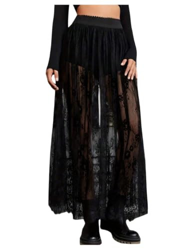GORGLITTER Women's Sheer Floral Lace Maxi Skirt Mesh Elastic High Waisted A Line Skirt with Underskirt Black Large | Amazon (US)
