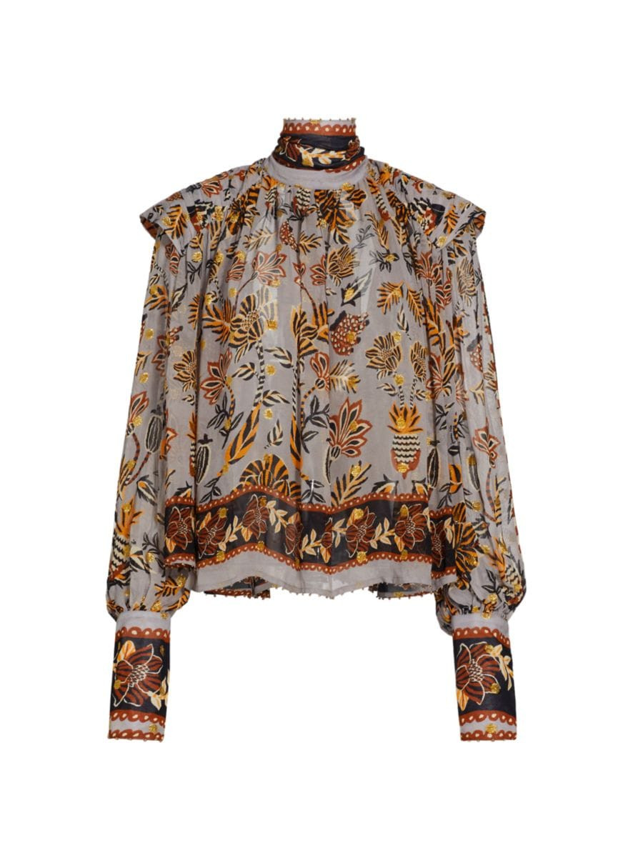 Farm Rio Floral Tapestry Embroidered Bishop-Sleeve Blouse | Saks Fifth Avenue