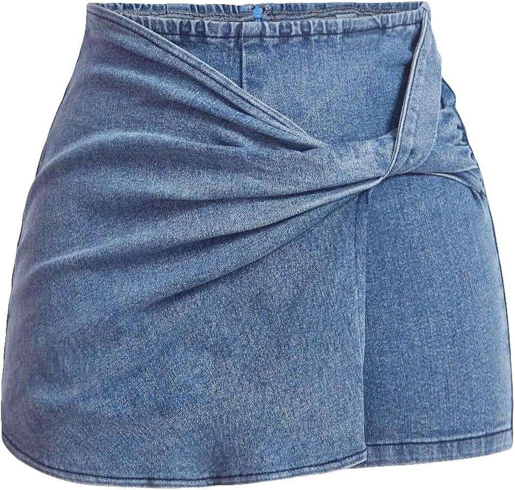 Verdusa Women's Twist Front Stretchy Denim Shorts Casual Skorts | Amazon (US)