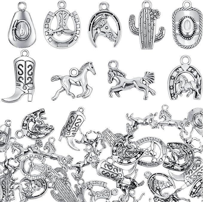 100 Pieces Western Cowboy Charms for Jewelry Making Alloy Antique Silver Cowboy Boot Hat Horse Ca... | Amazon (US)