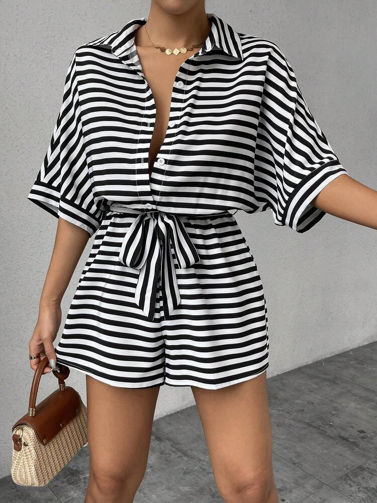 Chiquease Ladies' Striped Print Belted Jumpsuit With Batwing Sleeves And Single-Breasted Closure | SHEIN