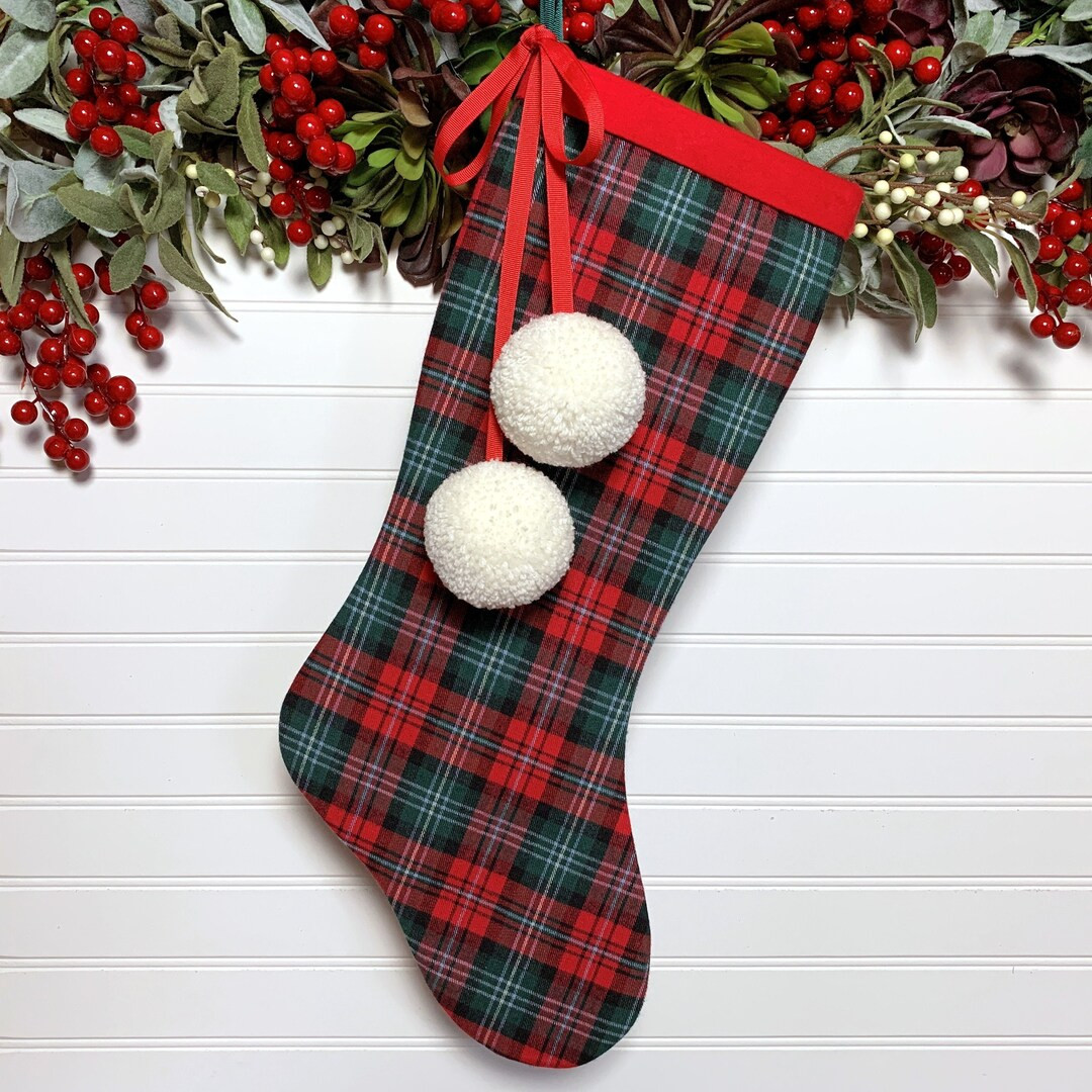 Red & Green Tartan Flannel Christmas Stocking with Snowball Pom Poms | Etsy (US)