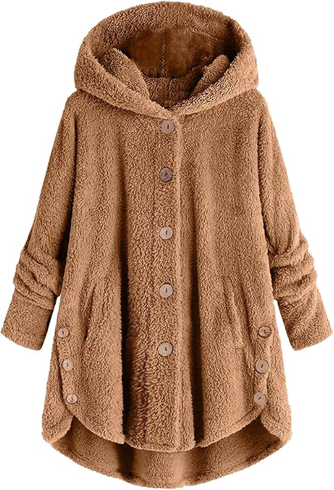 Fuzzy Fleece Hooded Button Down Jacket For Women Oversized Warm Winter Sherpa Cardigan Coat Loung... | Amazon (US)