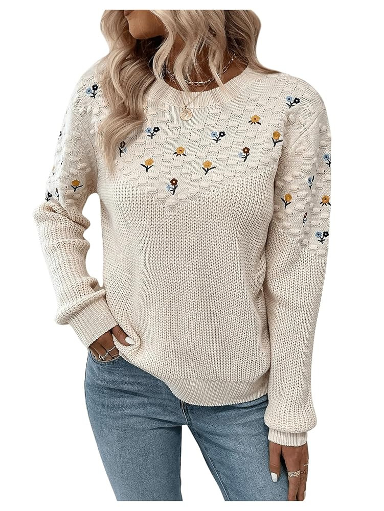 GORGLITTER Women's Crochet Sweaters Lightweight Floral Long Sleeve Embroidered Knit Flower Cute S... | Amazon (US)