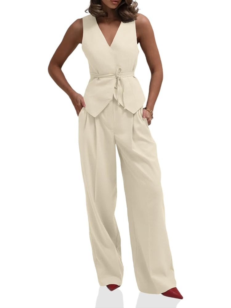 Cicy Bell Womens 2 Piece Outfits V Neck Tie Waist Blazer Vest and Wide Leg Business Casual Suit P... | Amazon (US)