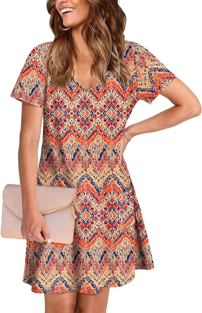 OFEEFAN Summer Dresses for Women 2025 Loose V Neck Short Sleeve Casual T Shirt Dress Sundresses S... | Amazon (US)