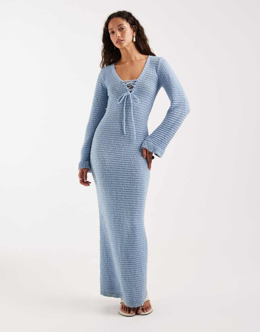 4th & Reckless ribbed knit tie front flute sleeve maxi dress in blue | ASOS (Global)