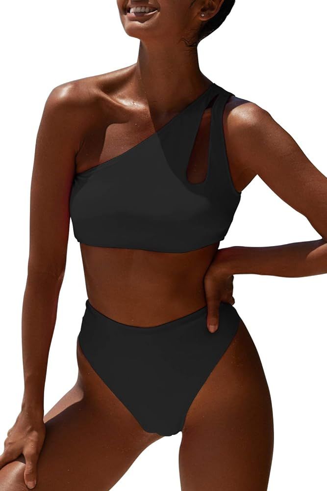 Womens Crop Top Swimsuit High Waisted One Shoulder Sports Bikini Two Piece Push Up Bathing Suit | Amazon (US)