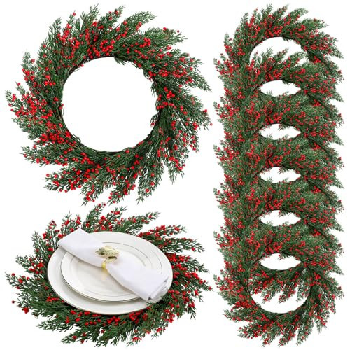 Gandeer Christmas Placemats Set of 6 Round Greenery Place Mats Xmas Circular Artificial Wreath Dining Table Decor Winter Fake Plants Branches Mats for Kitchen Accessories(Cedar and Holly Berries) | Amazon (US)