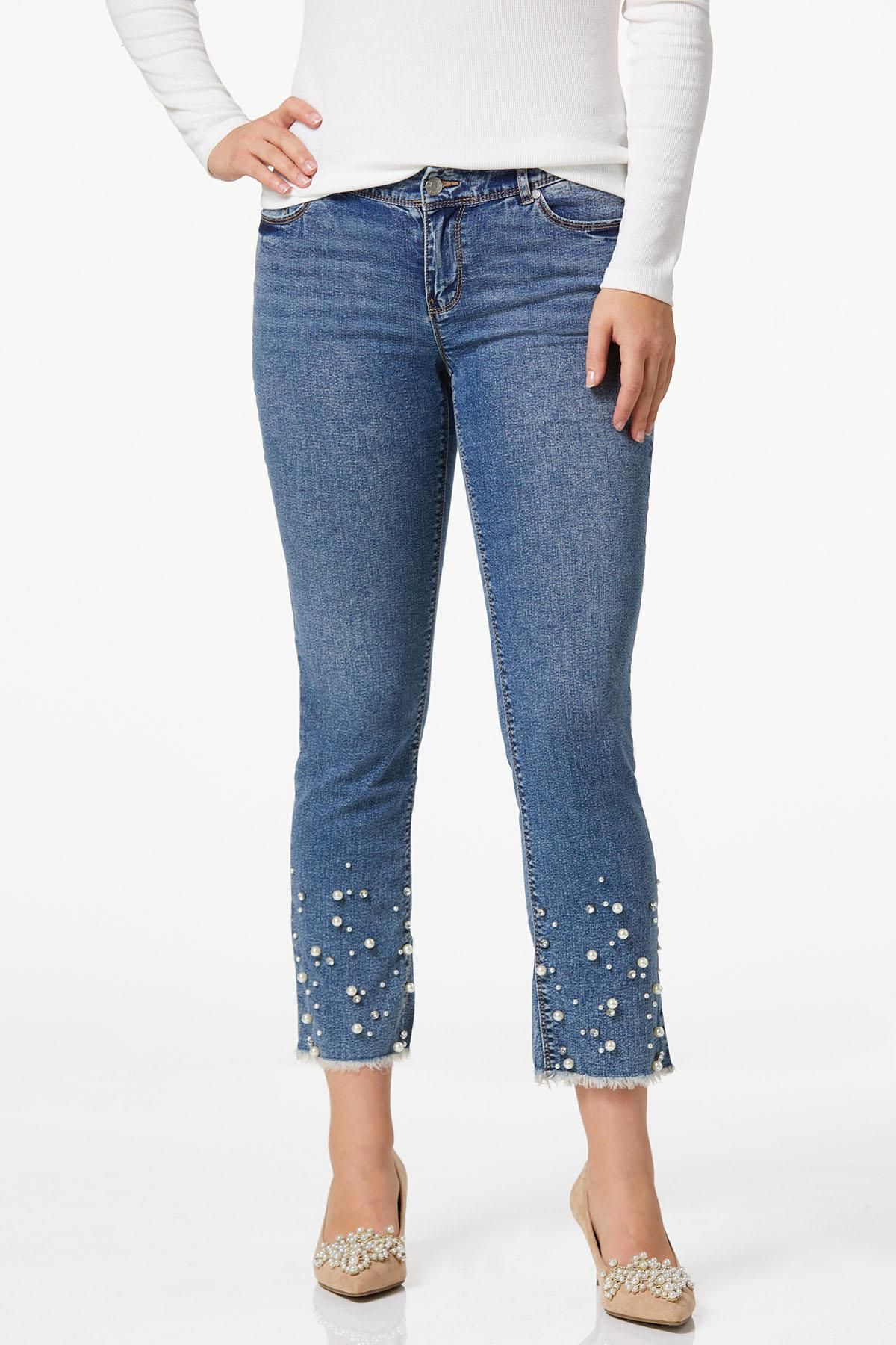 Frayed Pearl Rhinestone Jeans | Cato Fashions
