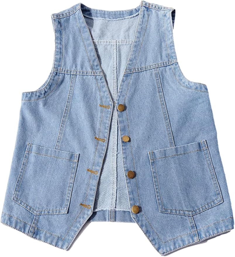 Peaceglad Womens Casual Jean Vest V Neck Open Front Button Down Sleeveless Denim Jacket with Pock... | Amazon (US)