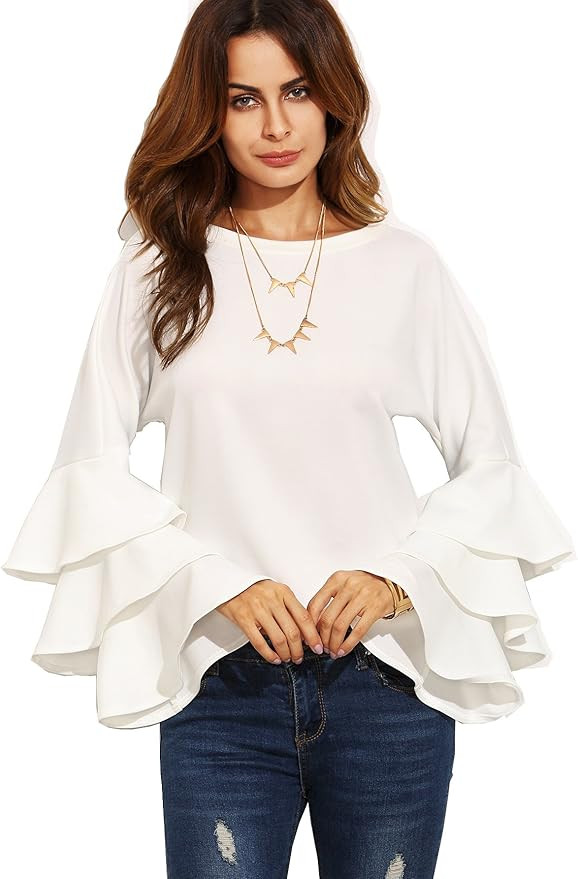 SheIn Women's Round Neck Ruffle Long Sleeve Blouse | Amazon (US)