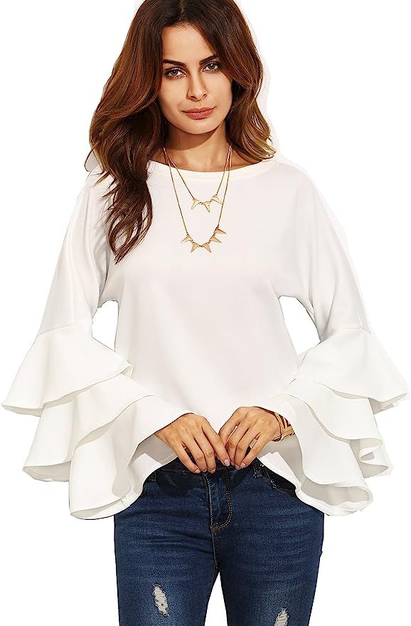 SheIn Women's Round Neck Ruffle Long Sleeve Blouse | Amazon (US)