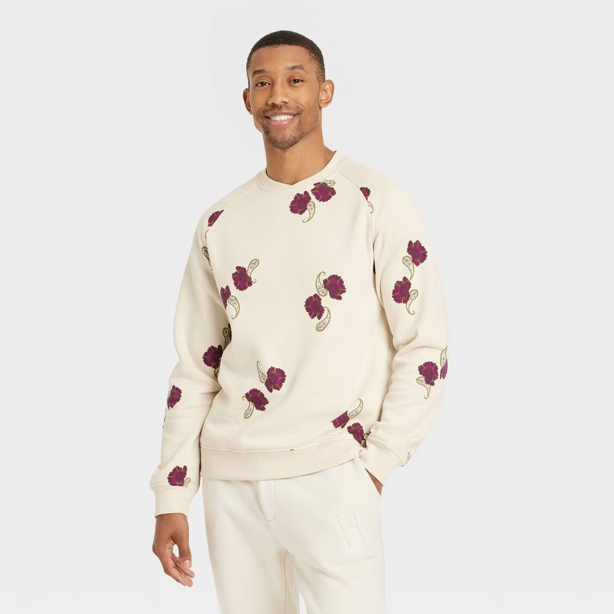 Houston White Adult Floral Print Fleece Crewneck Pullover Sweatshirt - Cream | Target