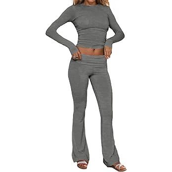 AnotherChill Women's 2 Piece Lounge Sets Fold-over Flare Pants Set Long Sleeve Cropped Top Casual... | Amazon (US)